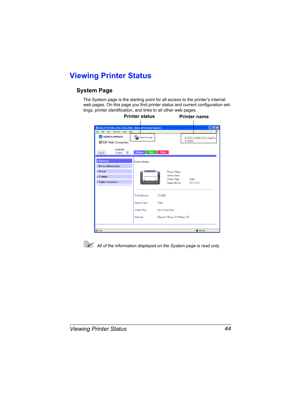 Viewing printer status, Viewing printer status 44 | Konica Minolta PagePro 1350EN User Manual | Page 51 / 112