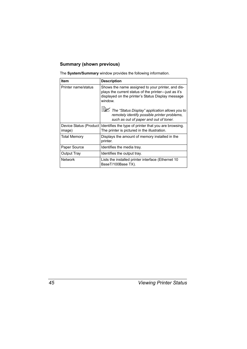 Summary (shown previous), Summary (shown previous) 45, Viewing printer status 45 | Konica Minolta PagePro 1350EN User Manual | Page 52 / 112