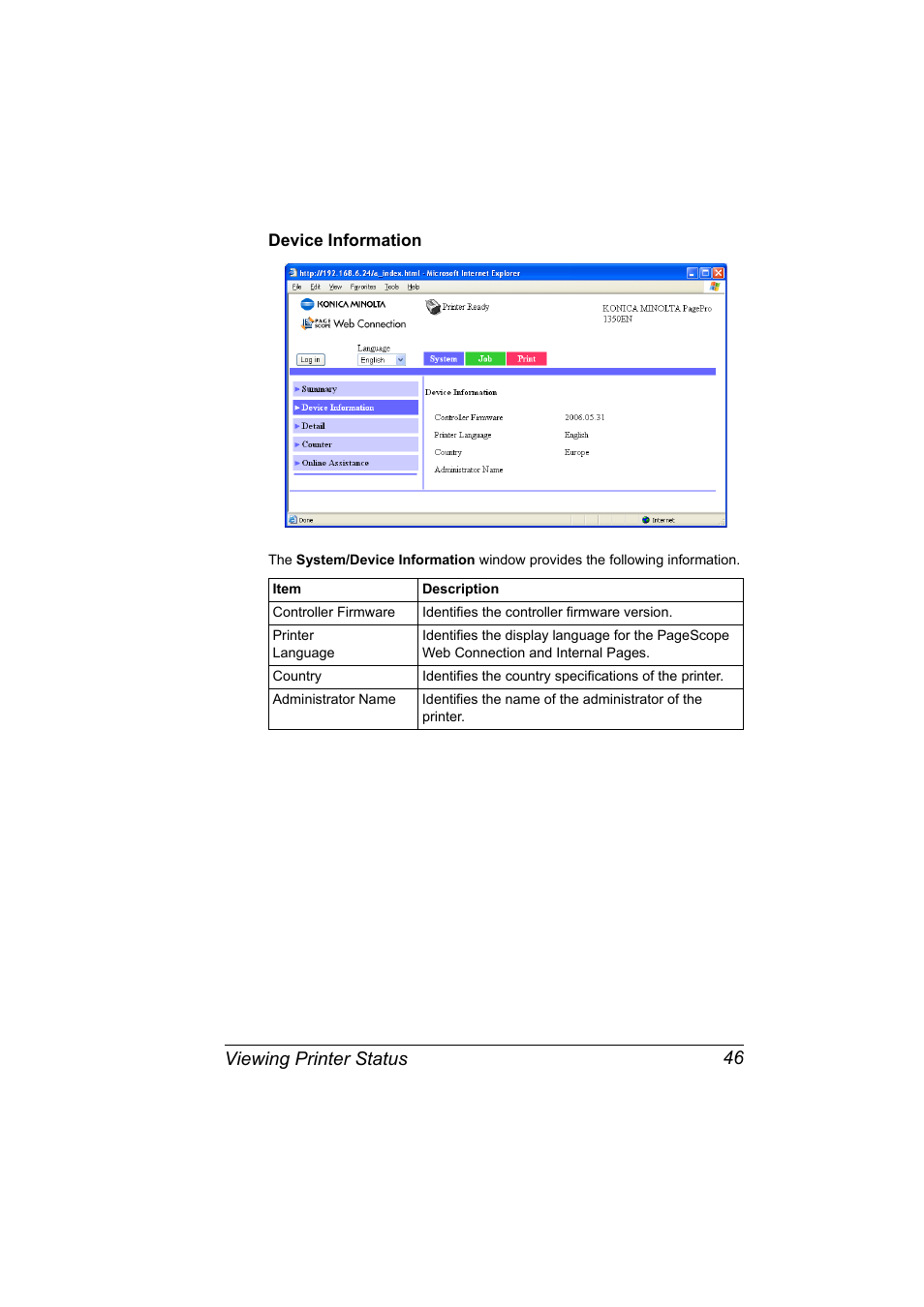 Device information, Device information 46, Viewing printer status 46 | Konica Minolta PagePro 1350EN User Manual | Page 53 / 112