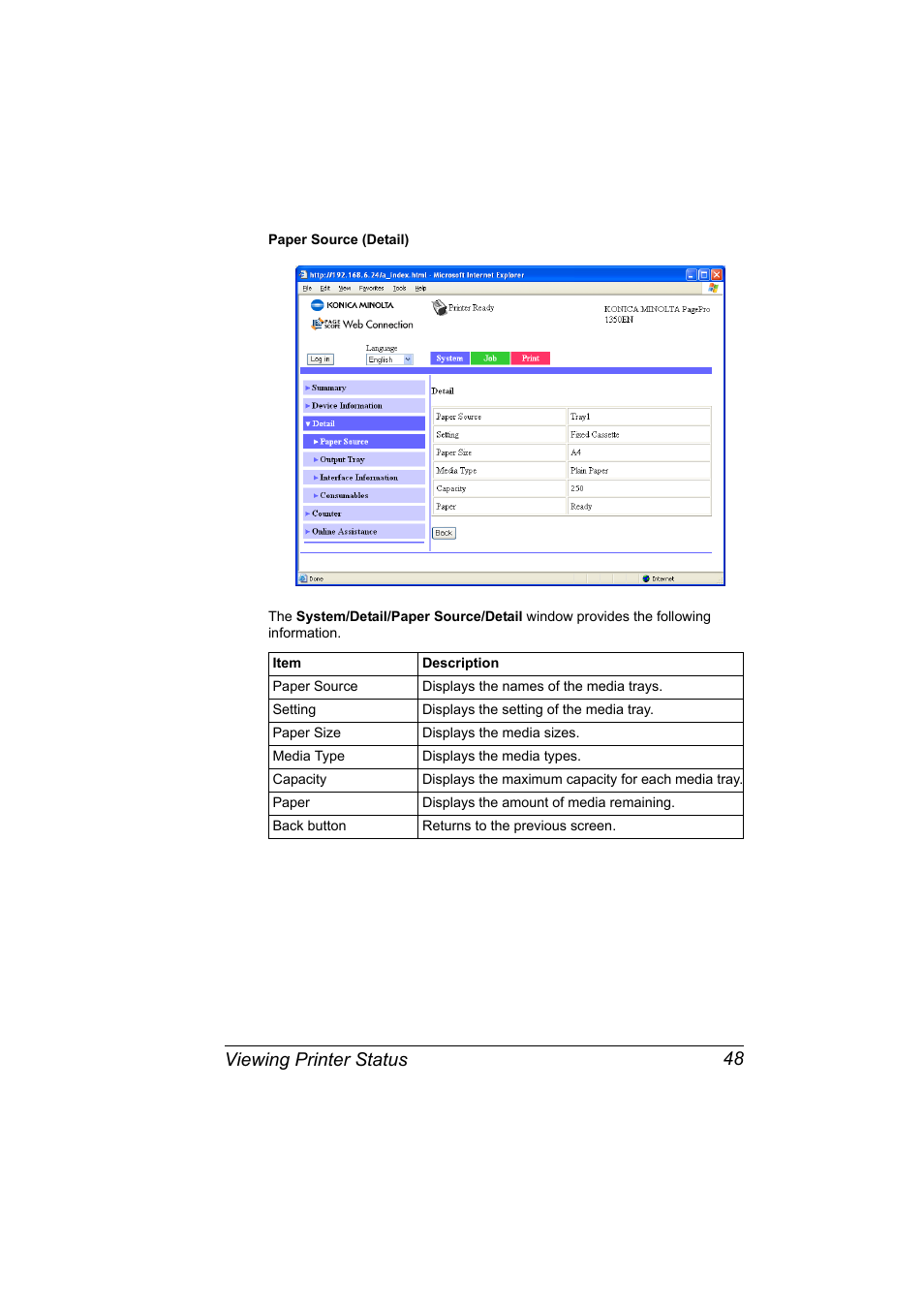 Viewing printer status 48 | Konica Minolta PagePro 1350EN User Manual | Page 55 / 112