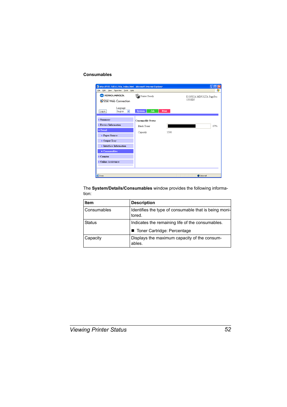 Viewing printer status 52 | Konica Minolta PagePro 1350EN User Manual | Page 59 / 112