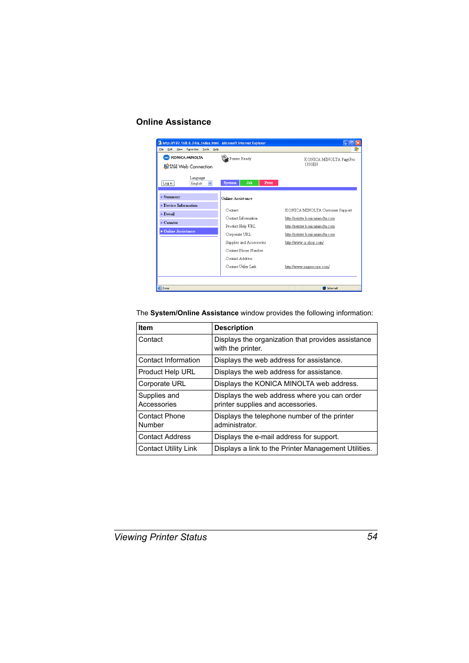 Online assistance, Online assistance 54, Viewing printer status 54 | Konica Minolta PagePro 1350EN User Manual | Page 61 / 112