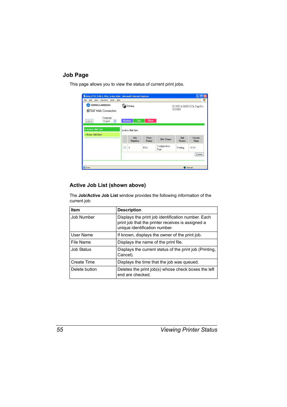 Active job list (shown above), Active job list (shown above) 55, Viewing printer status 55 job page | Konica Minolta PagePro 1350EN User Manual | Page 62 / 112