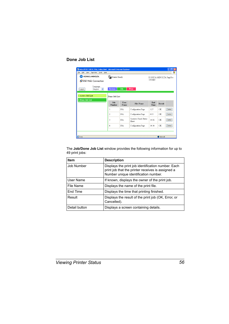 Done job list, Done job list 56, Viewing printer status 56 | Konica Minolta PagePro 1350EN User Manual | Page 63 / 112