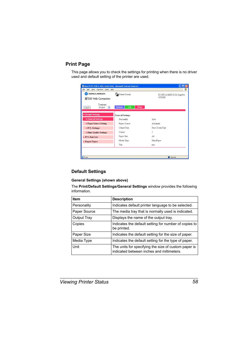 Default settings, Default settings 58, Viewing printer status 58 print page | Konica Minolta PagePro 1350EN User Manual | Page 65 / 112