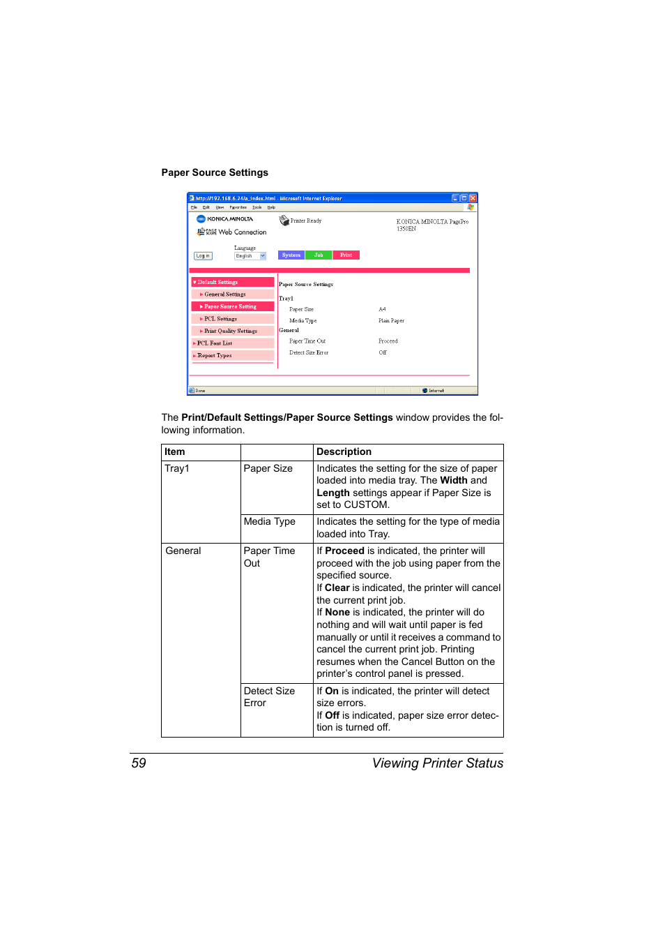 Viewing printer status 59 | Konica Minolta PagePro 1350EN User Manual | Page 66 / 112