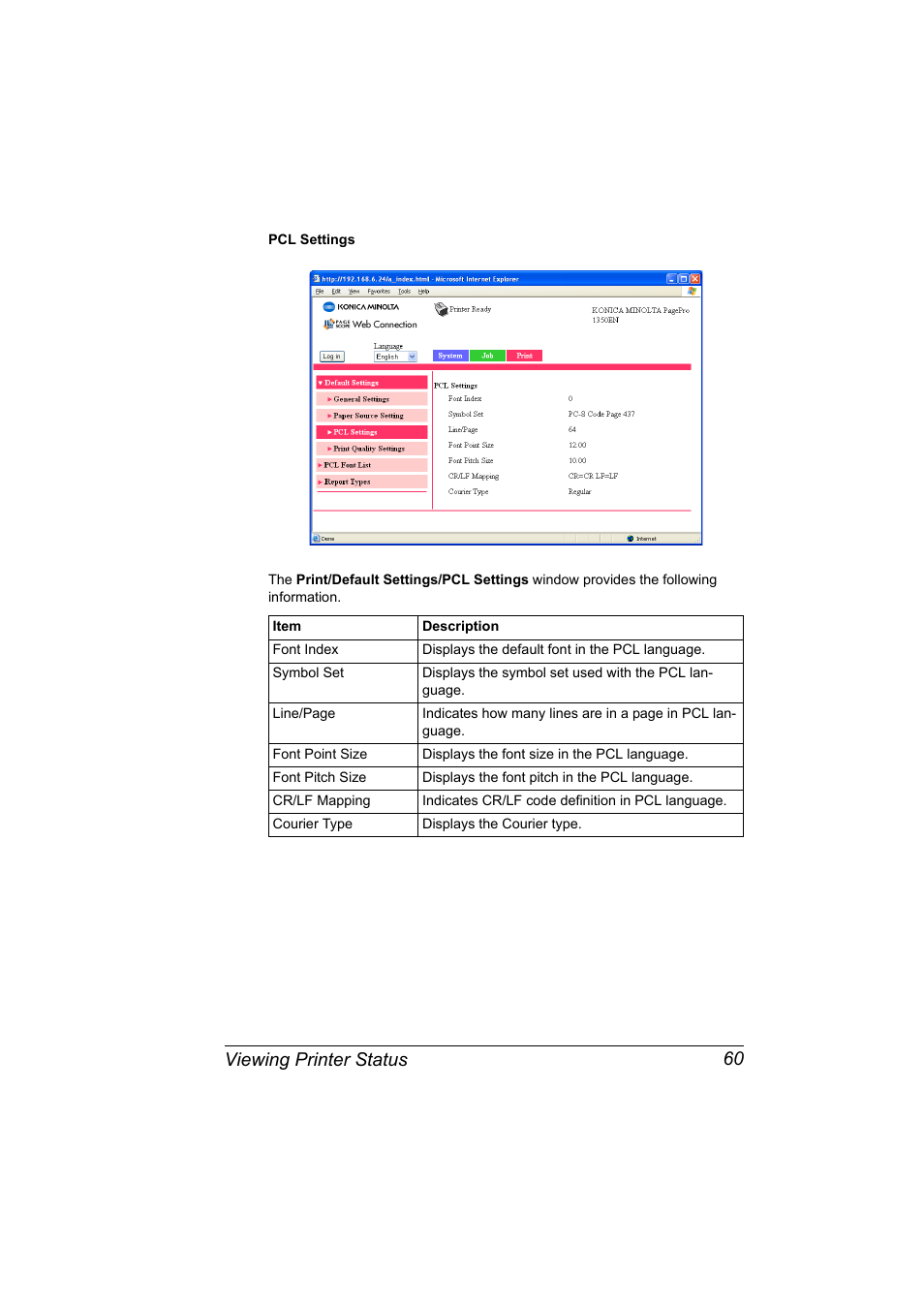 Viewing printer status 60 | Konica Minolta PagePro 1350EN User Manual | Page 67 / 112