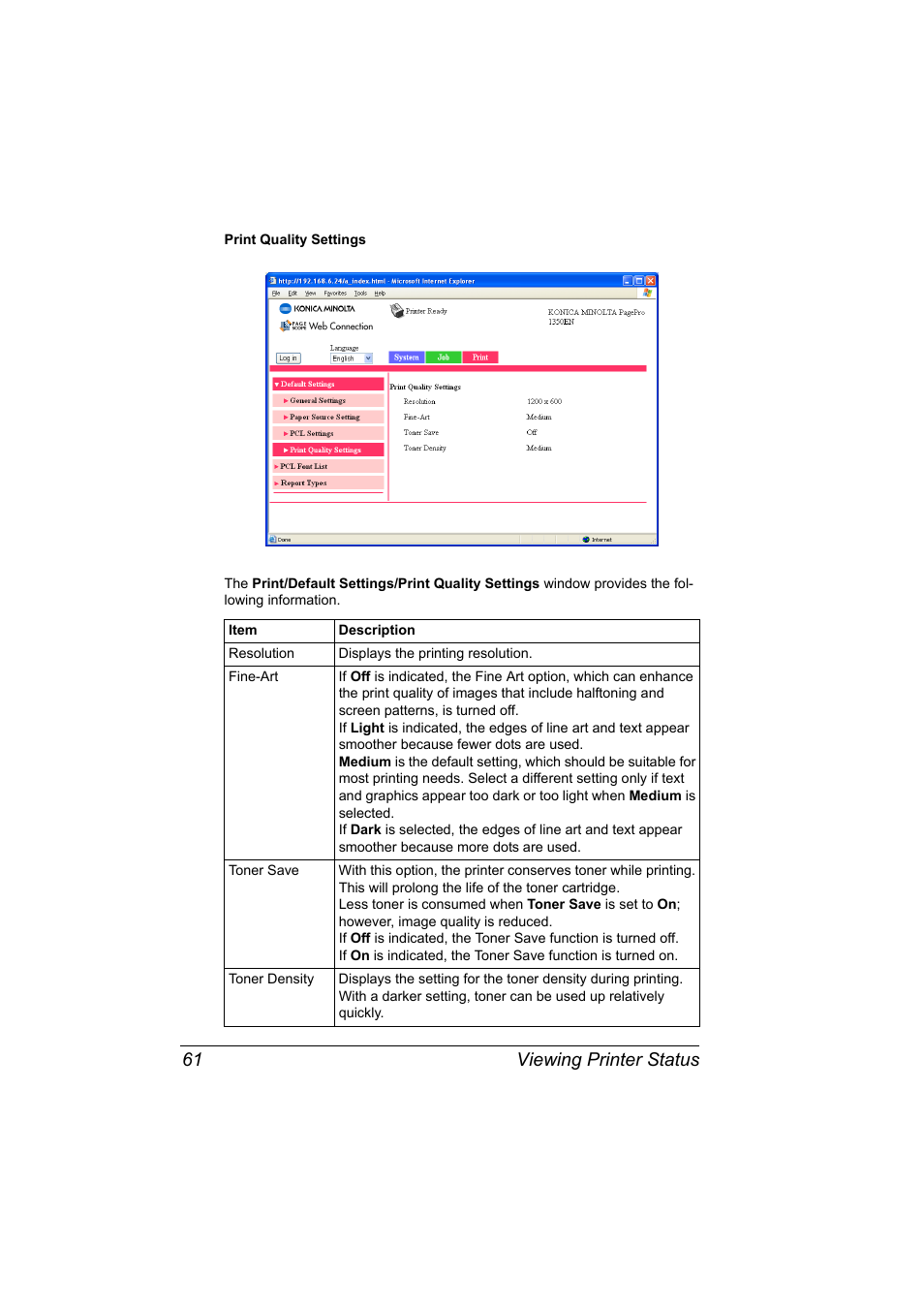 Viewing printer status 61 | Konica Minolta PagePro 1350EN User Manual | Page 68 / 112