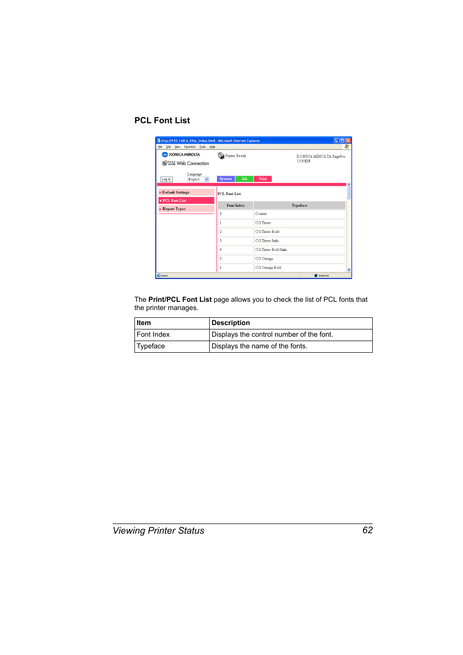 Pcl font list, Pcl font list 62, Viewing printer status 62 | Konica Minolta PagePro 1350EN User Manual | Page 69 / 112