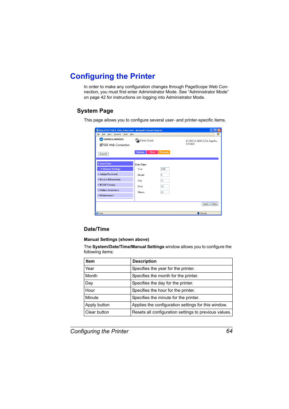 Configuring the printer, Date/time, Configuring the printer 64 | Date/time 64, System page | Konica Minolta PagePro 1350EN User Manual | Page 71 / 112