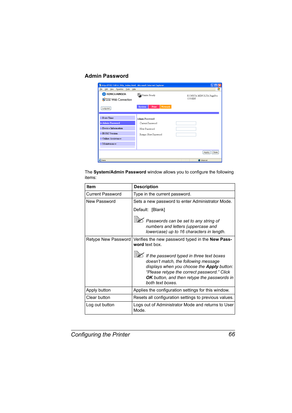 Admin password, Admin password 66 | Konica Minolta PagePro 1350EN User Manual | Page 73 / 112