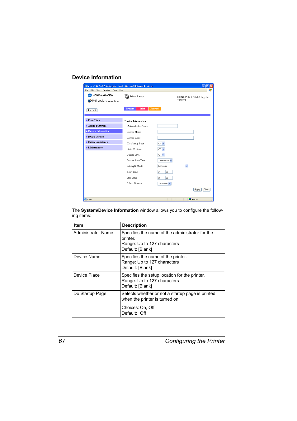 Device information, Device information 67, Configuring the printer 67 | Konica Minolta PagePro 1350EN User Manual | Page 74 / 112