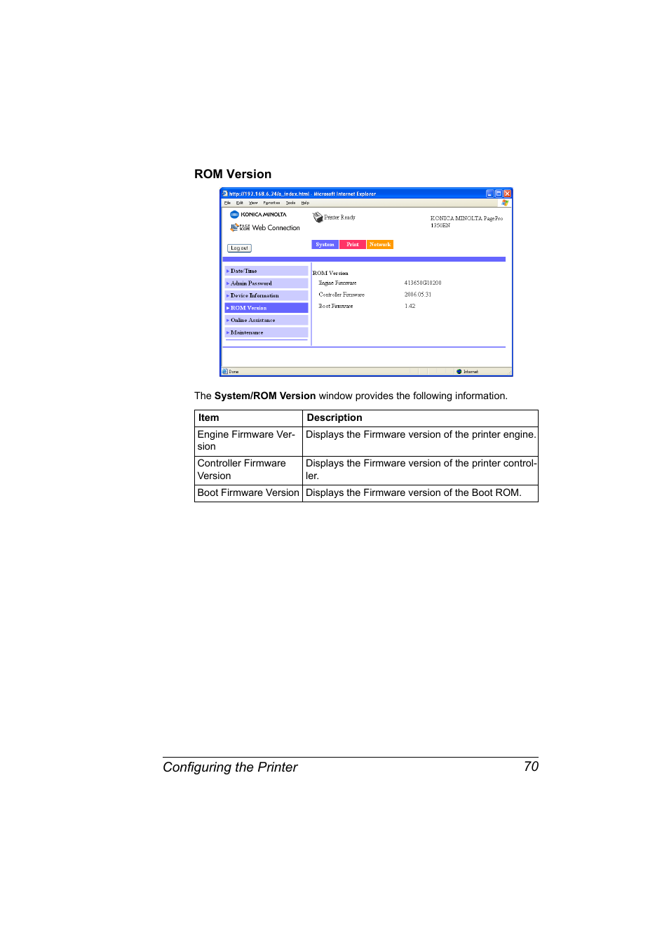 Rom version, Rom version 70, Configuring the printer 70 | Konica Minolta PagePro 1350EN User Manual | Page 77 / 112