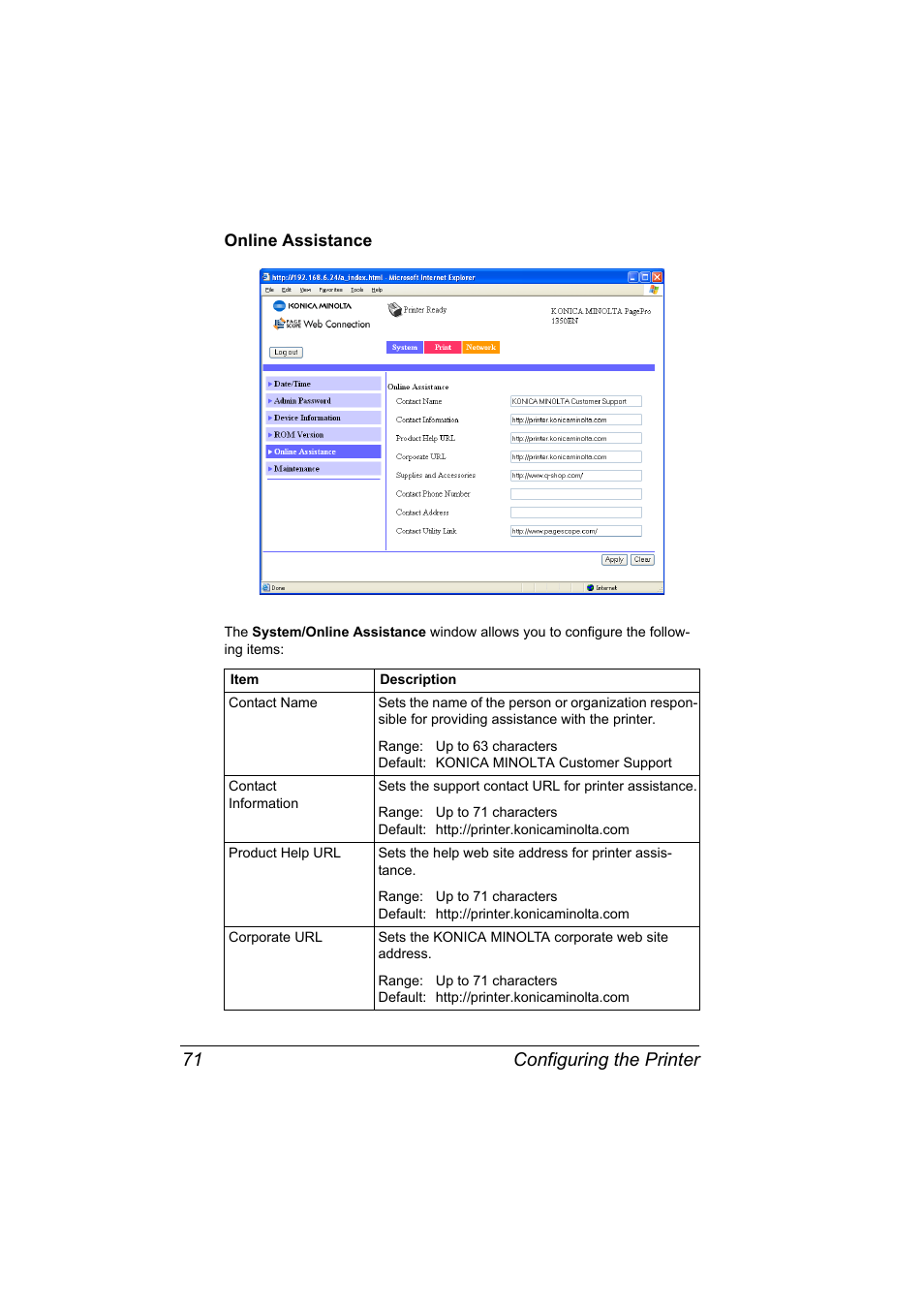 Online assistance, Online assistance 71, Configuring the printer 71 | Konica Minolta PagePro 1350EN User Manual | Page 78 / 112