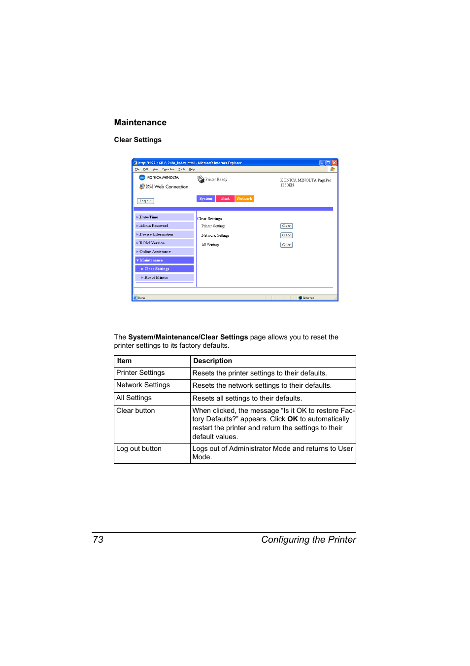 Maintenance, Maintenance 73, Configuring the printer 73 | Konica Minolta PagePro 1350EN User Manual | Page 80 / 112