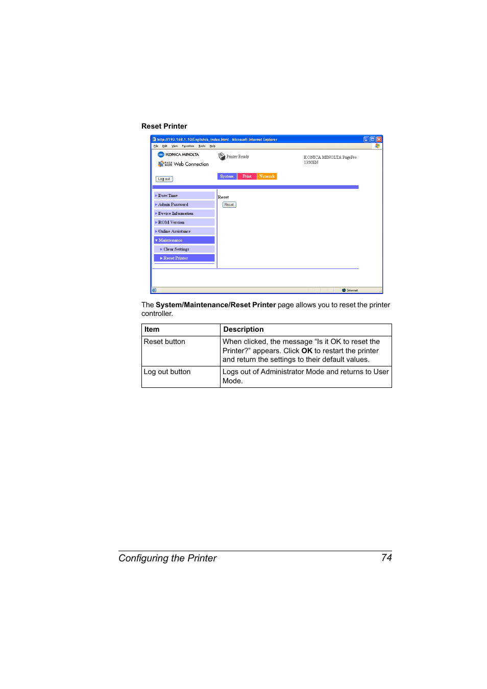 Configuring the printer 74 | Konica Minolta PagePro 1350EN User Manual | Page 81 / 112