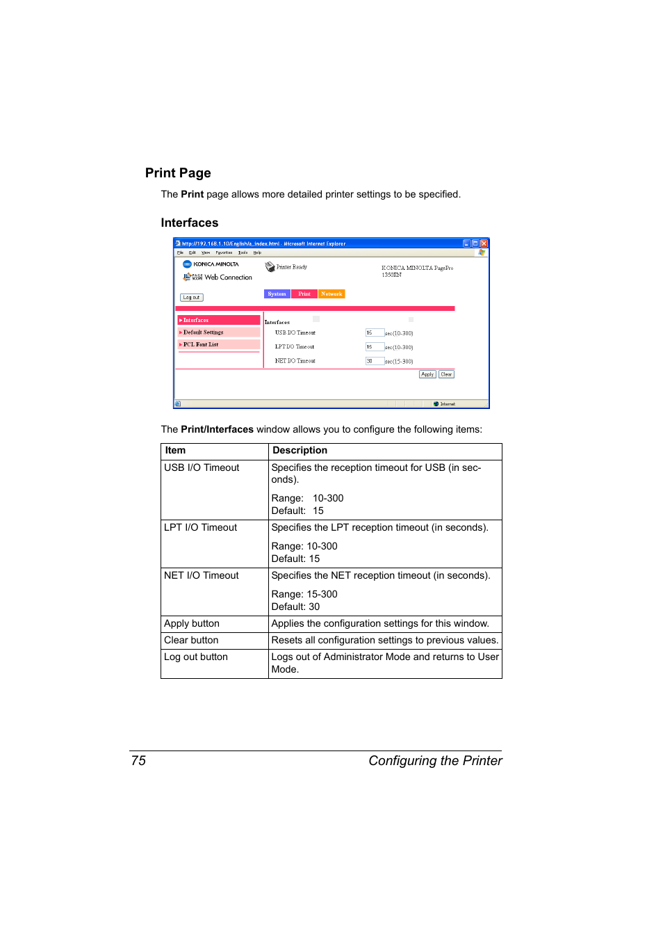 Interfaces, Interfaces 75, Configuring the printer 75 print page | Konica Minolta PagePro 1350EN User Manual | Page 82 / 112