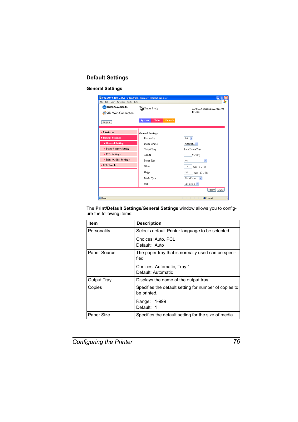 Default settings, Default settings 76, Configuring the printer 76 | Konica Minolta PagePro 1350EN User Manual | Page 83 / 112