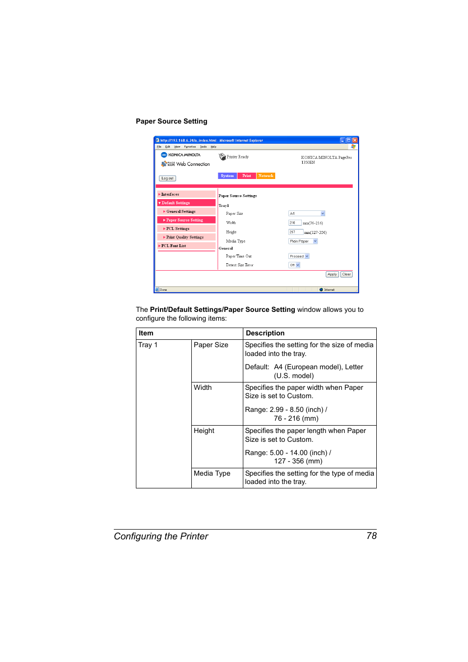 Configuring the printer 78 | Konica Minolta PagePro 1350EN User Manual | Page 85 / 112