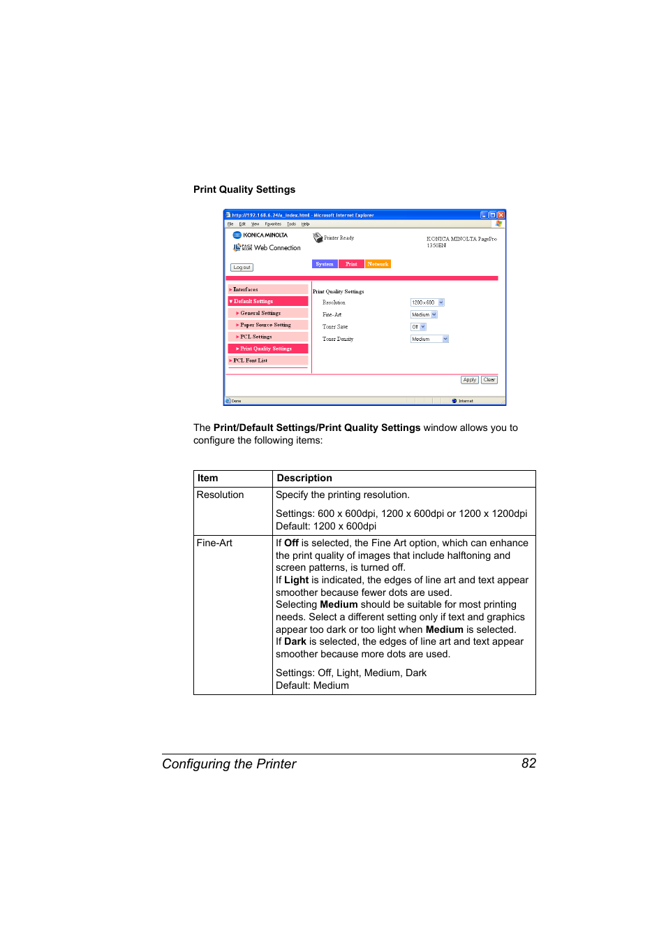 Configuring the printer 82 | Konica Minolta PagePro 1350EN User Manual | Page 89 / 112