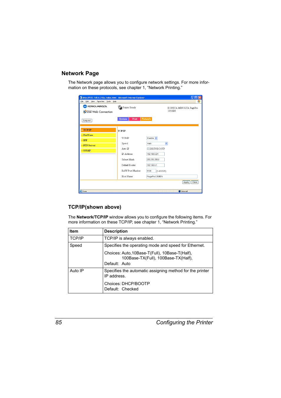 Tcp/ip(shown above), Tcp/ip(shown above) 85, Configuring the printer 85 network page | Konica Minolta PagePro 1350EN User Manual | Page 92 / 112
