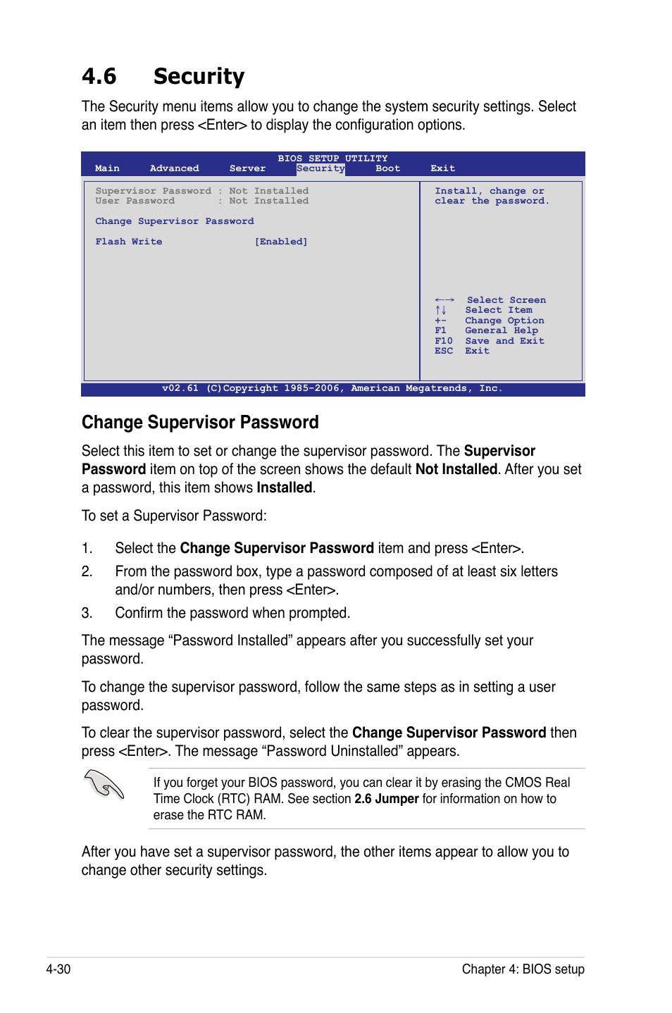 6 security, Security -30, Change supervisor password | Asus DSEB-D16/SAS User Manual | Page 102 / 200
