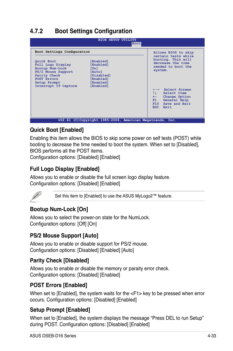 2 boot settings configuration, Boot settings configuration -33, Quick boot [enabled | Full logo display [enabled, Bootup num-lock [on, Ps/2 mouse support [auto, Parity check [disabled, Post errors [enabled, Setup prompt [enabled | Asus DSEB-D16/SAS User Manual | Page 105 / 200