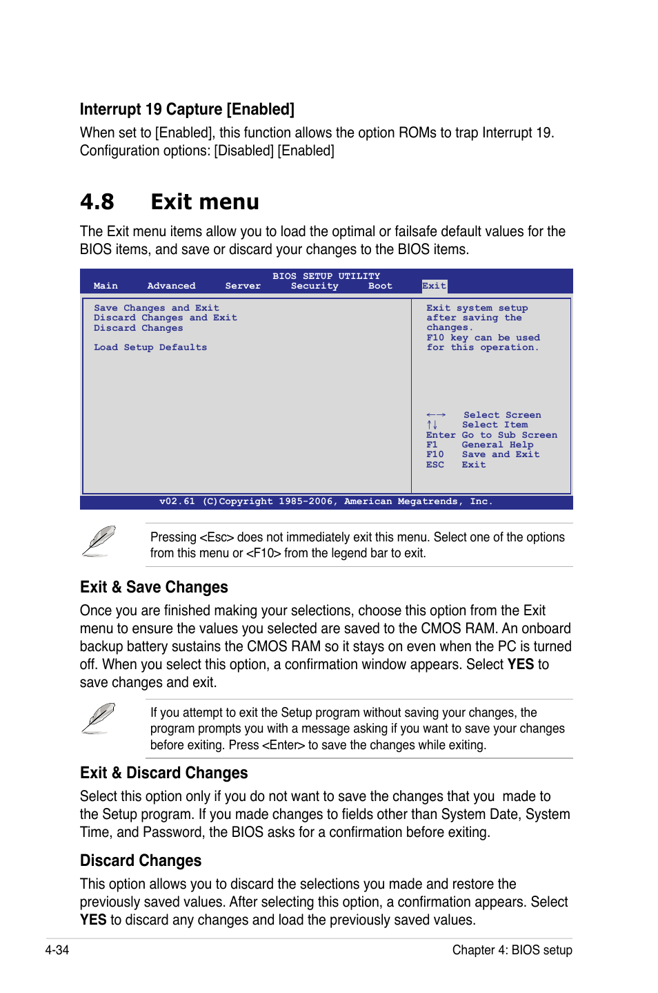 8 exit menu, Exit menu -34, Interrupt 19 capture [enabled | Exit & save changes, Exit & discard changes, Discard changes | Asus DSEB-D16/SAS User Manual | Page 106 / 200