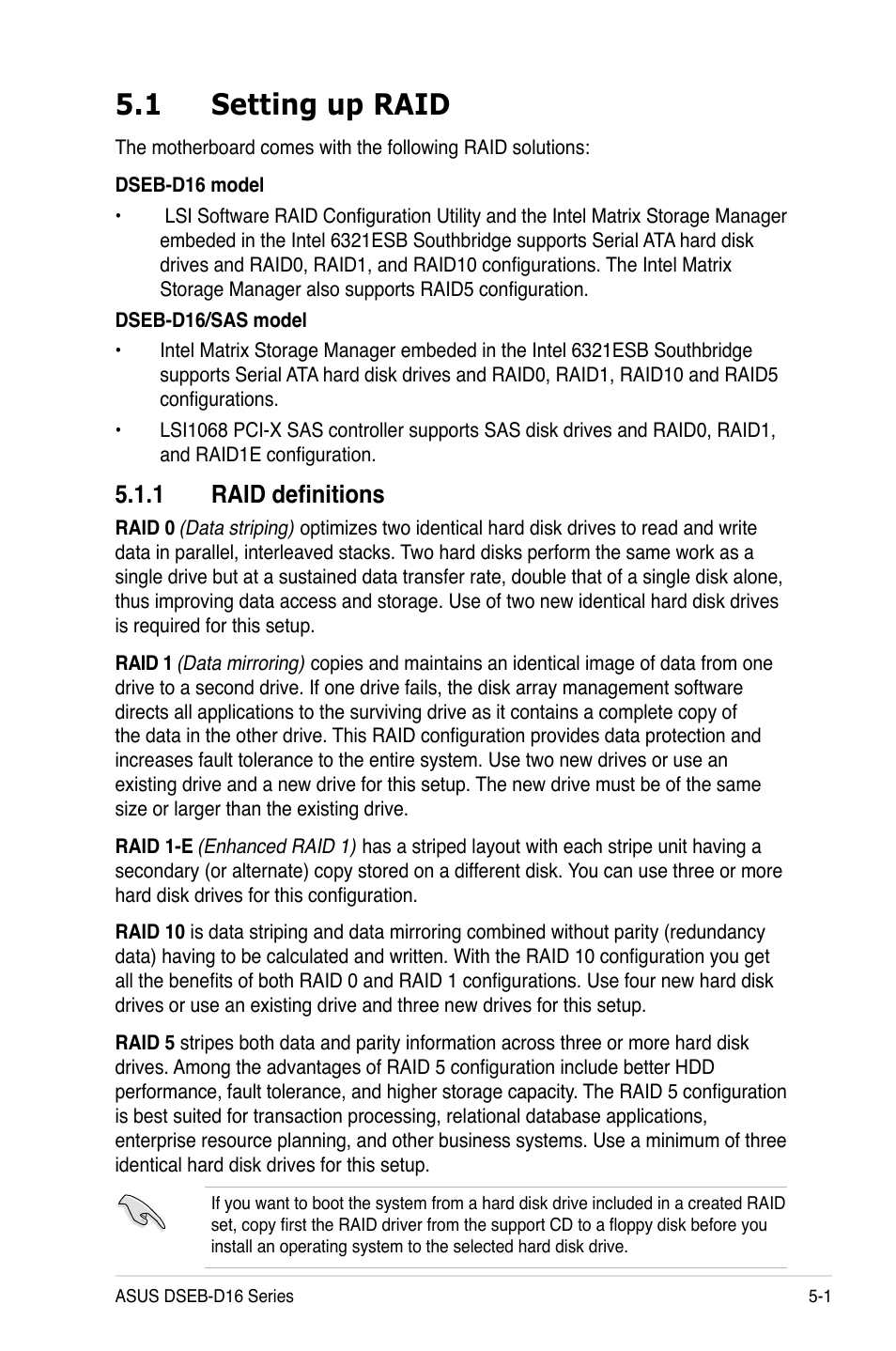 1 setting up raid, 1 raid definitions, Setting up raid -1 5.1.1 | Raid definitions -1 | Asus DSEB-D16/SAS User Manual | Page 111 / 200