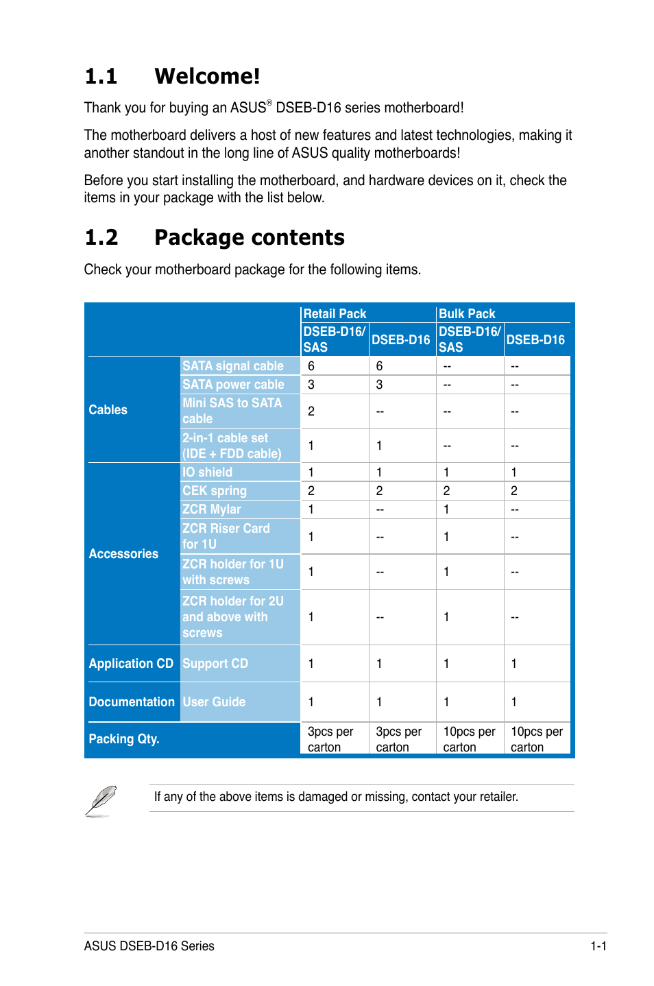 1 welcome, 2 package contents | Asus DSEB-D16/SAS User Manual | Page 15 / 200