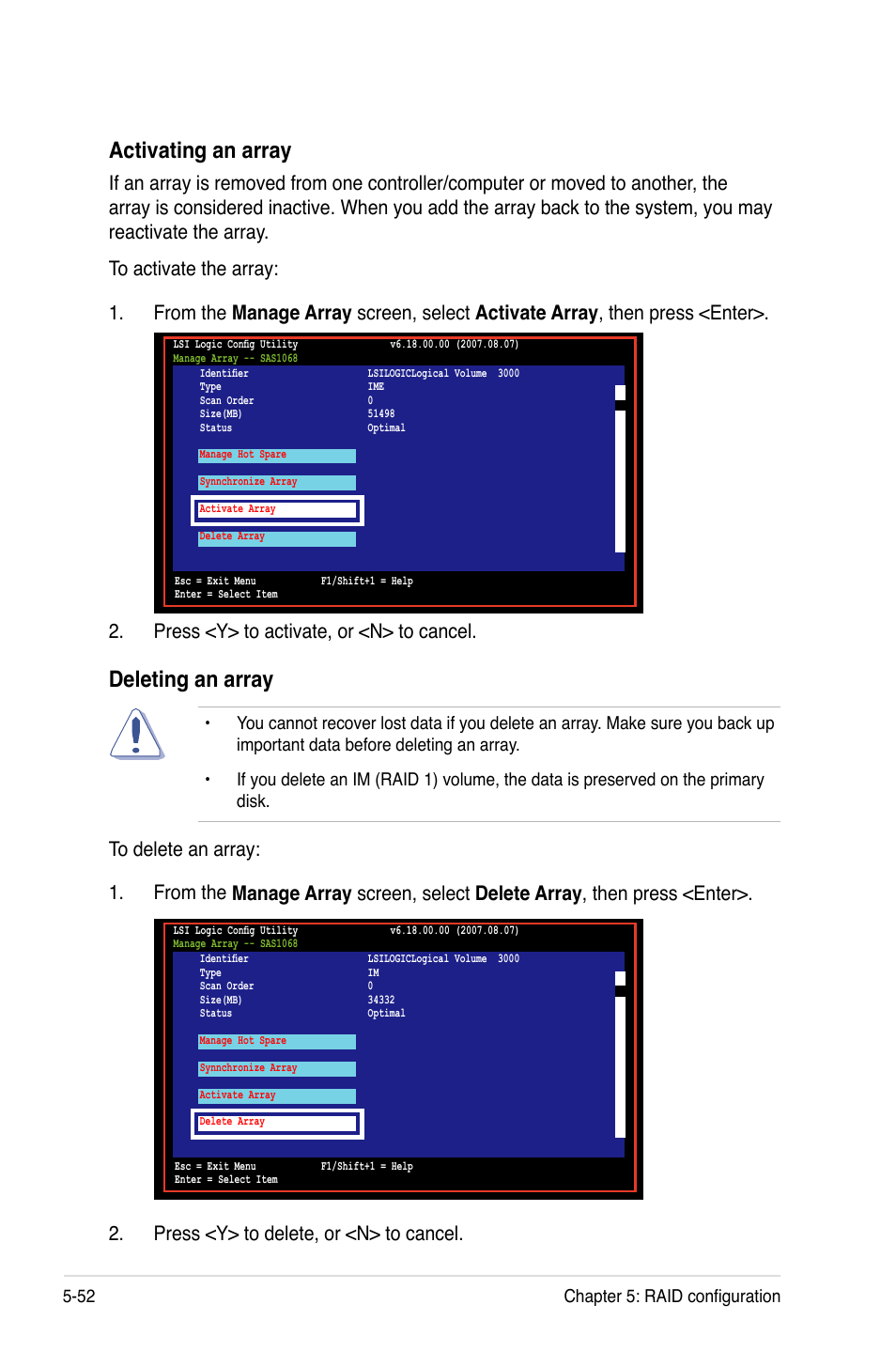 Activating an array, Deleting an array, 52 chapter 5: raid configuration | Asus DSEB-D16/SAS User Manual | Page 162 / 200