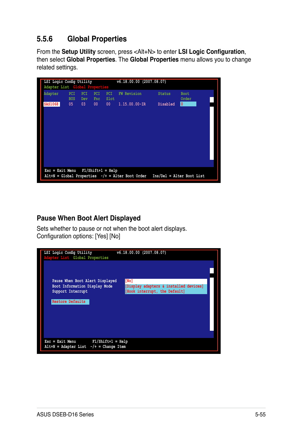 6 global properties, Global properties -55, Pause when boot alert displayed | Asus DSEB-D16/SAS User Manual | Page 165 / 200