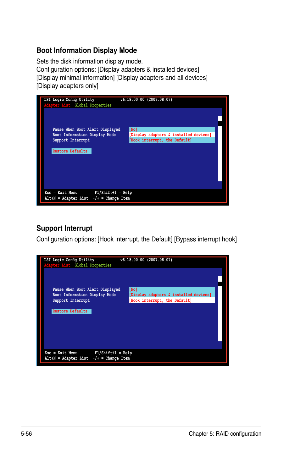 Boot information display mode, Support interrupt | Asus DSEB-D16/SAS User Manual | Page 166 / 200