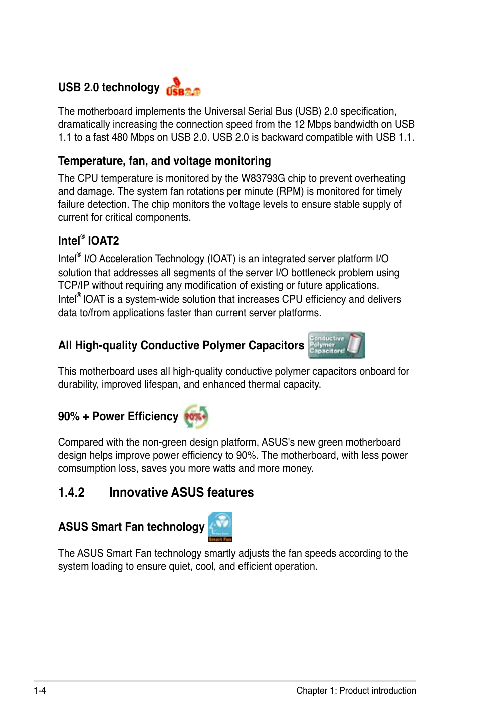 2 innovative asus features, Innovative asus features -4 | Asus DSEB-D16/SAS User Manual | Page 18 / 200