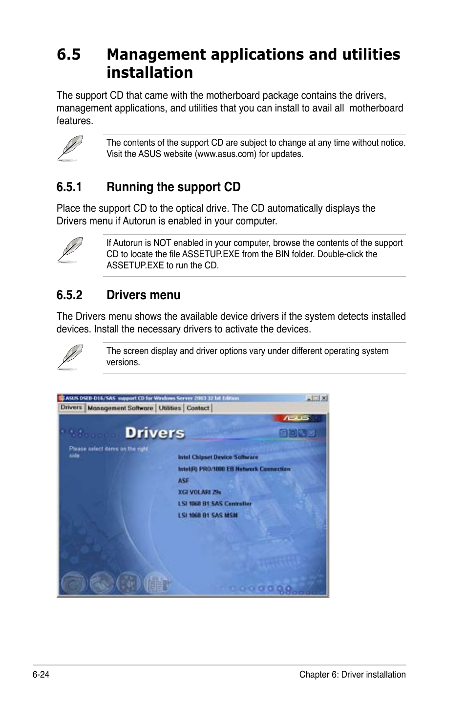 1 running the support cd, 2 drivers menu, Running the support cd -24 | Drivers menu -24 | Asus DSEB-D16/SAS User Manual | Page 194 / 200