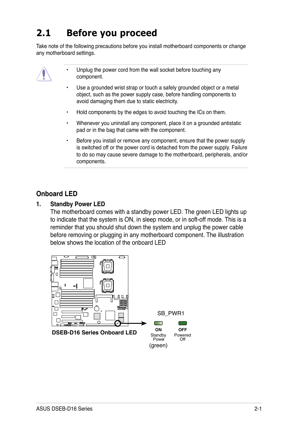 1 before you proceed, Before you proceed -1, Onboard led | Asus DSEB-D16/SAS User Manual | Page 21 / 200