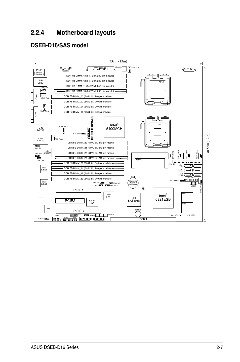 4 motherboard layouts, Motherboard layouts -7, Dseb-d16/sas model | Asus dseb-d16 series 2-7, Intel, 6321esb intel, 5400mch, Pcie1 pcie2, Pcie3, Atxpwr1 | Asus DSEB-D16/SAS User Manual | Page 27 / 200