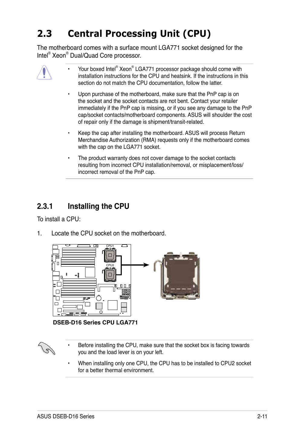 3 central processing unit (cpu), 1 installing the cpu, Central processing unit (cpu) -11 2.3.1 | Installing the cpu -11 | Asus DSEB-D16/SAS User Manual | Page 31 / 200