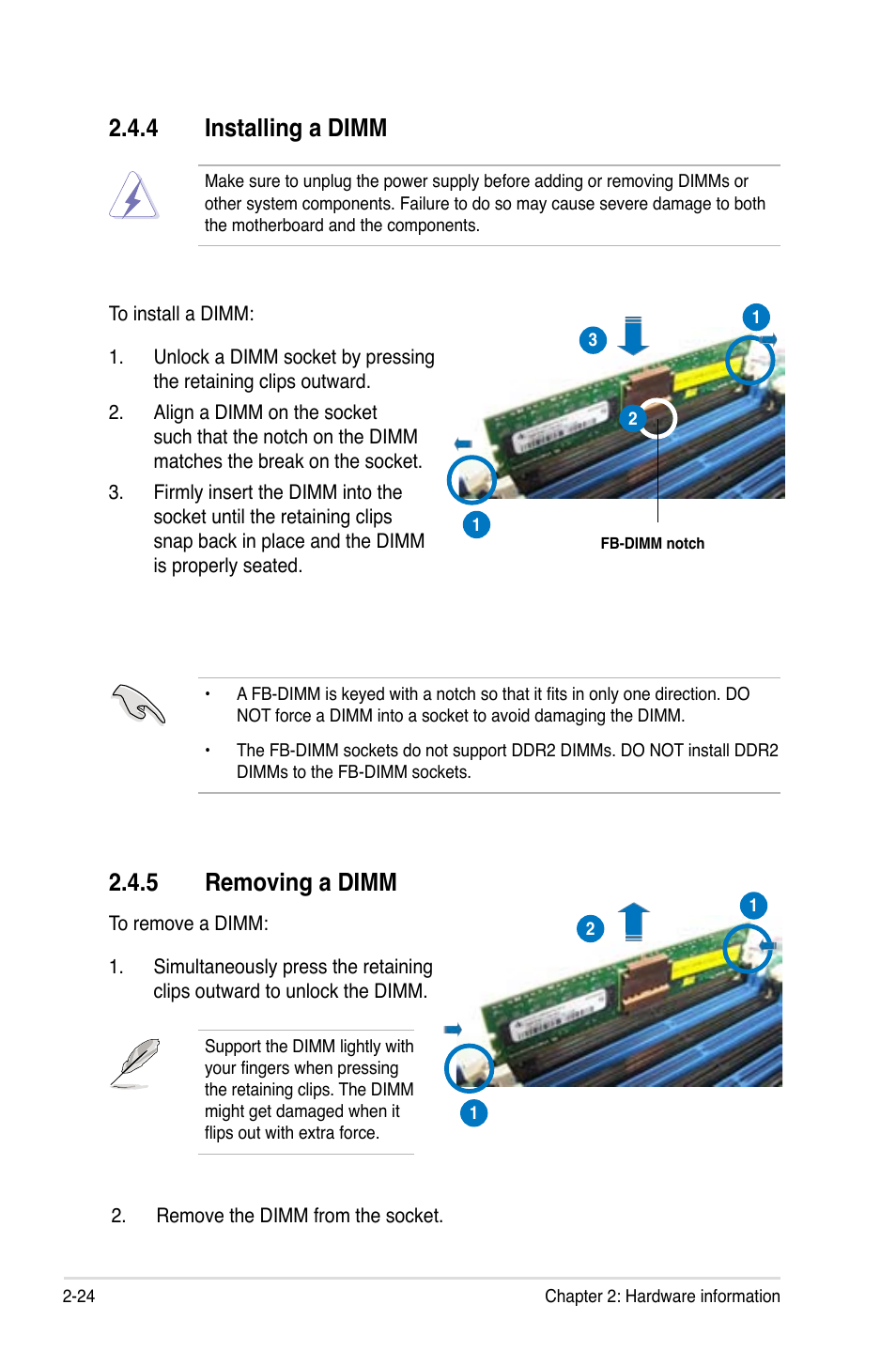 4 installing a dimm, 5 removing a dimm, Installing a dimm -24 | Removing a dimm -24 | Asus DSEB-D16/SAS User Manual | Page 44 / 200