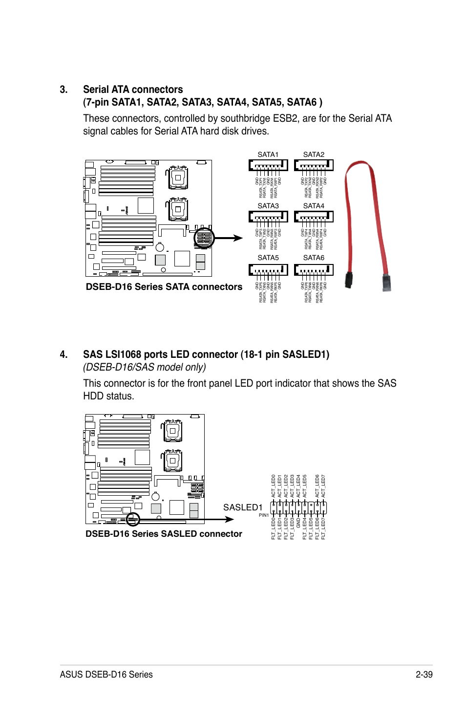 Dseb-d16 series sata connectors, Dseb-d16 series sasled connector sasled1, Sata2 sata1 | Sata4 sata3 sata6 sata5 | Asus DSEB-D16/SAS User Manual | Page 59 / 200