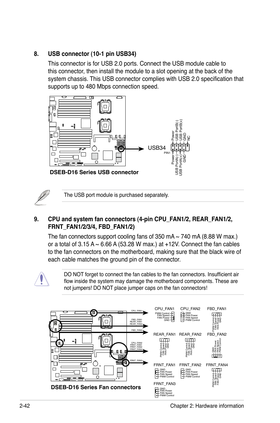 42 chapter 2: hardware information, The usb port module is purchased separately, Dseb-d16 series usb connector usb34 | Dseb-d16 series fan connectors | Asus DSEB-D16/SAS User Manual | Page 62 / 200