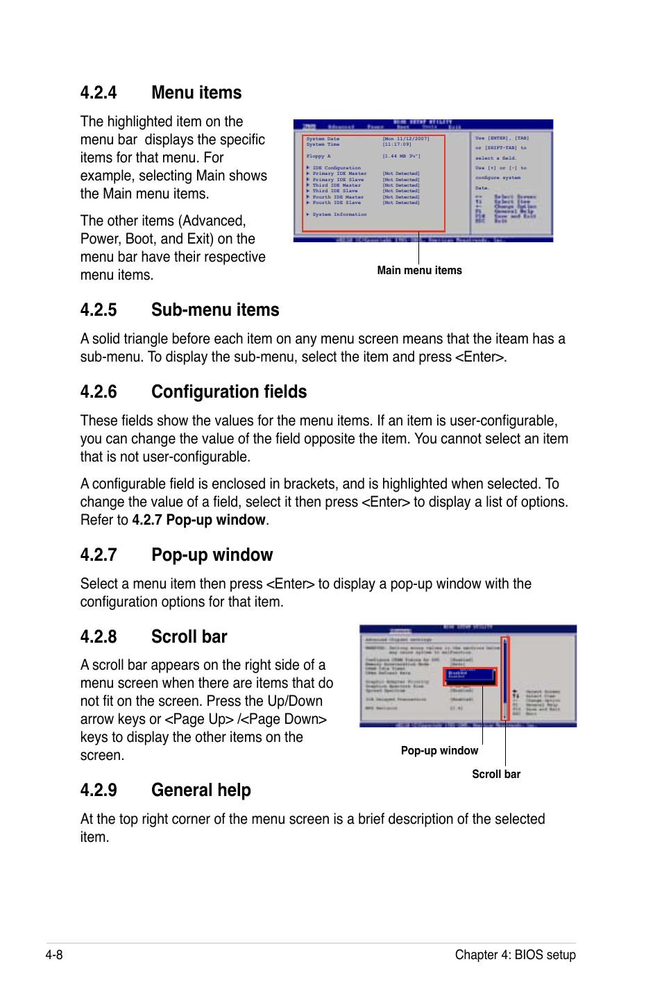 4 menu items, 5 sub-menu items, 6 configuration fields | 7 pop-up window, 8 scroll bar, 9 general help, Menu items -8, Sub-menu items -8, Configuration fields -8, Pop-up window -8 | Asus DSEB-D16/SAS User Manual | Page 80 / 200