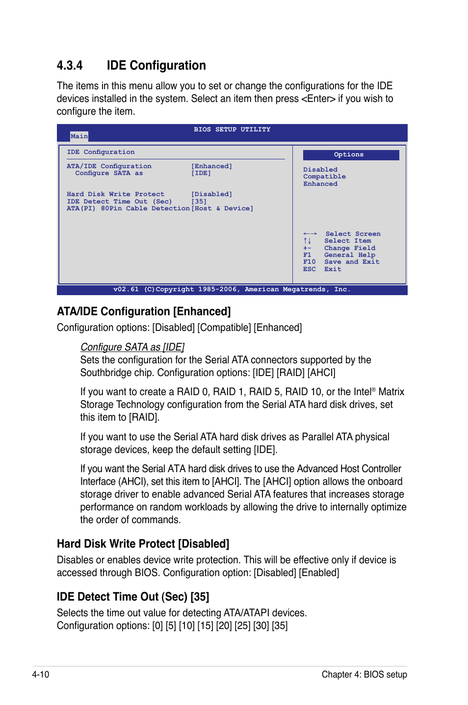 4 ide configuration, Ide configuration -10, Ata/ide configuration [enhanced | Hard disk write protect [disabled, Ide detect time out (sec) [35 | Asus DSEB-D16/SAS User Manual | Page 82 / 200