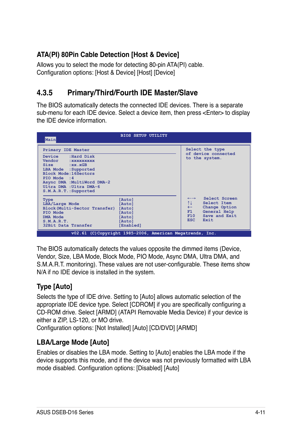 5 primary/third/fourth ide master/slave, Primary/third/fourth ide master/slave -11, Type [auto | Lba/large mode [auto, Ata(pi) 80pin cable detection [host & device | Asus DSEB-D16/SAS User Manual | Page 83 / 200