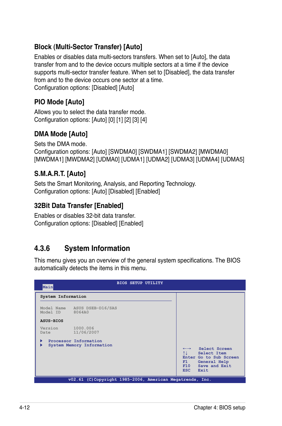 6 system information, System information -12, Block (multi-sector transfer) [auto | Pio mode [auto, Dma mode [auto, S.m.a.r.t. [auto, 32bit data transfer [enabled | Asus DSEB-D16/SAS User Manual | Page 84 / 200