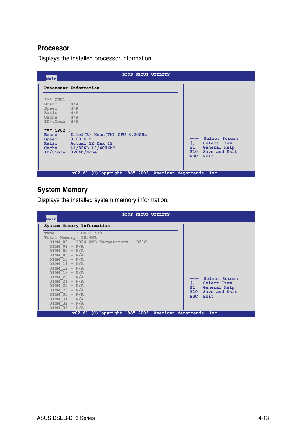 Processor, Displays the installed processor information | Asus DSEB-D16/SAS User Manual | Page 85 / 200