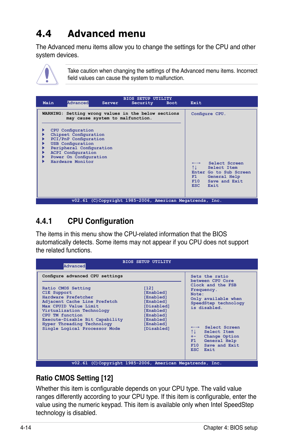 4 advanced menu, 1 cpu configuration, Advanced menu -14 4.4.1 | Cpu configuration -14, Ratio cmos setting [12 | Asus DSEB-D16/SAS User Manual | Page 86 / 200