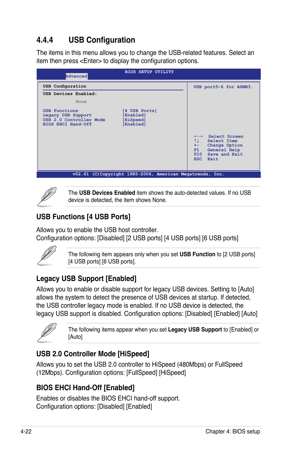 4 usb configuration, Usb configuration -22, Usb functions [4 usb ports | Legacy usb support [enabled, Usb 2.0 controller mode [hispeed, Bios ehci hand-off [enabled | Asus DSEB-D16/SAS User Manual | Page 94 / 200