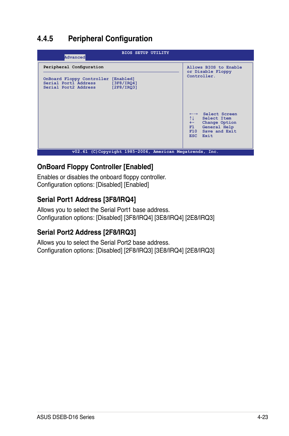 5 peripheral configuration, Peripheral configuration -23, Onboard floppy controller [enabled | Serial port1 address [3f8/irq4, Serial port2 address [2f8/irq3 | Asus DSEB-D16/SAS User Manual | Page 95 / 200