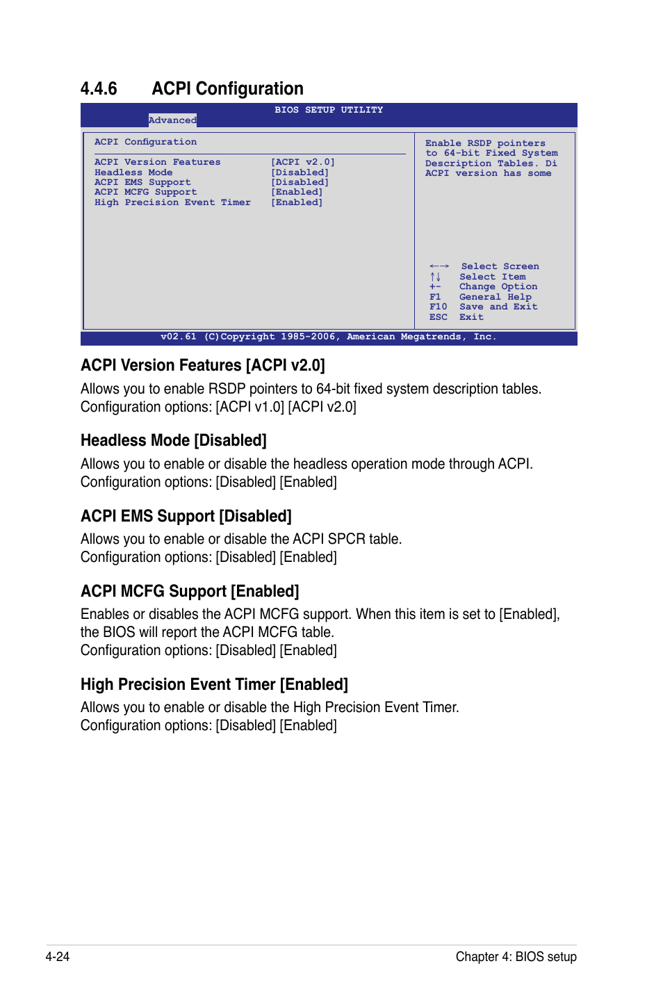 6 acpi configuration, Acpi configuration -24, Acpi version features [acpi v2.0 | Headless mode [disabled, Acpi ems support [disabled, Acpi mcfg support [enabled, High precision event timer [enabled | Asus DSEB-D16/SAS User Manual | Page 96 / 200